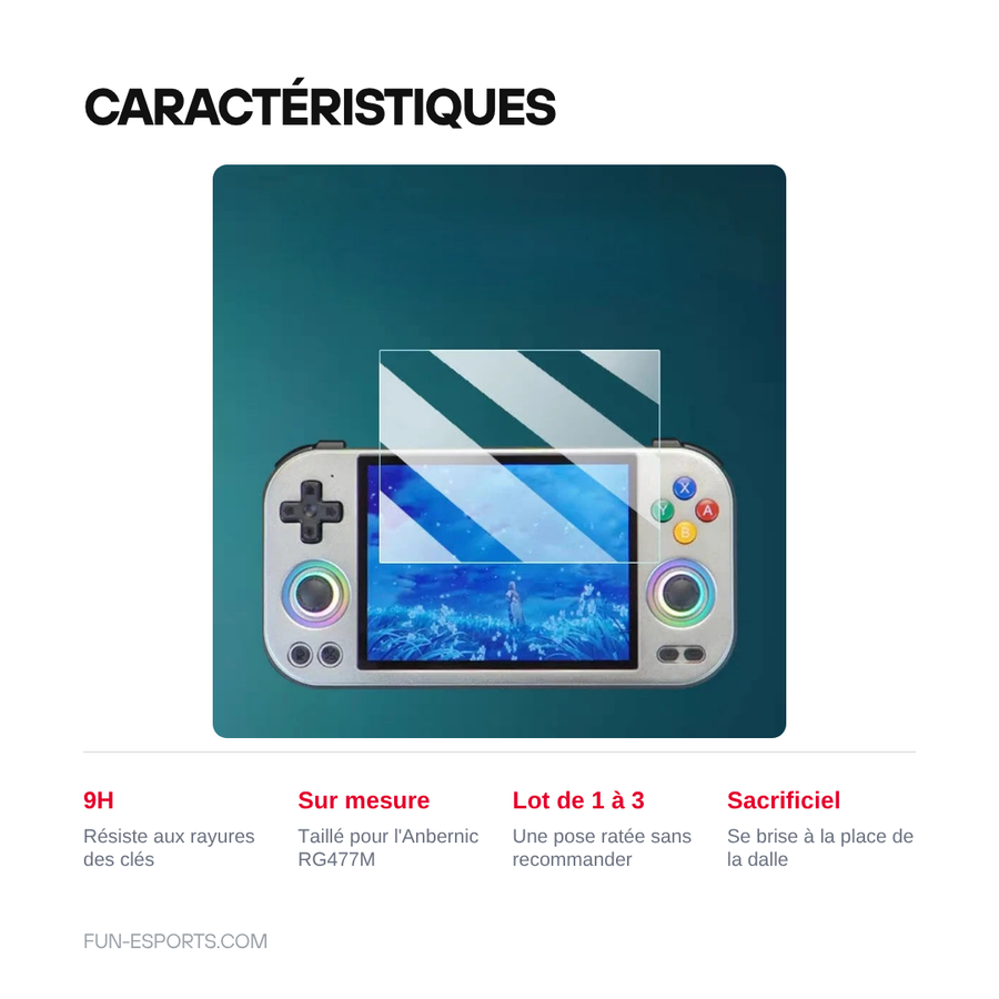 Caractéristiques du verre trempé Anbernic RG477M : dureté 9H, découpe dédiée, lot de 1 à 3