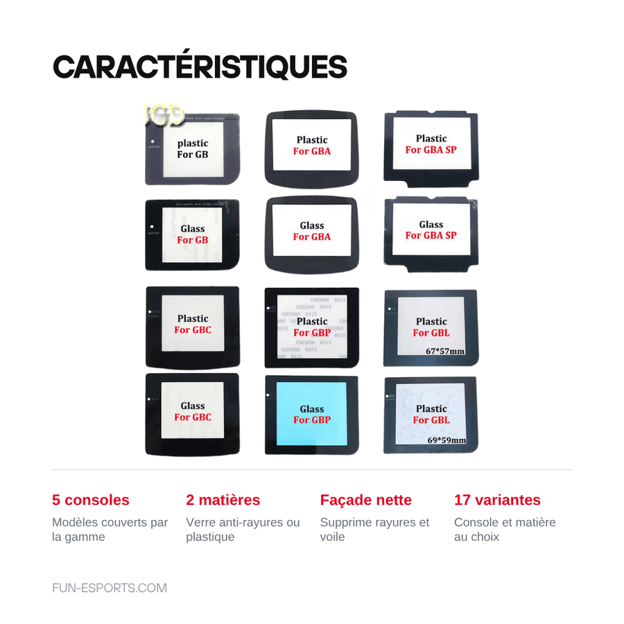 Caractéristiques — Vitre de protection Game Boy, GBC, GBA, GBA SP — verre ou plastique