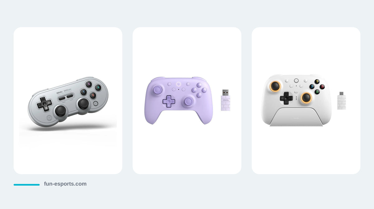 Trois manettes 8BitDo : SN30 Pro, Ultimate 2C et Ultimate 2