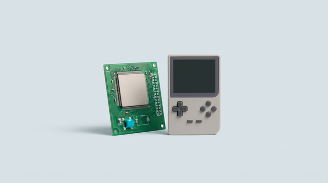 Circuit imprimé portant une grande puce carrée, dressé près d'une console portable rétro