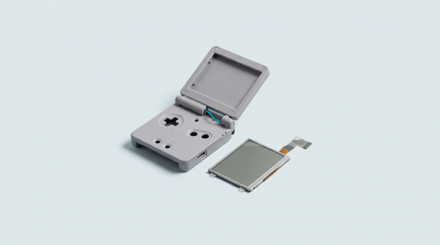 Coque de console à clapet ouverte et dalle d'écran LCD nue posée à côté, avec sa nappe