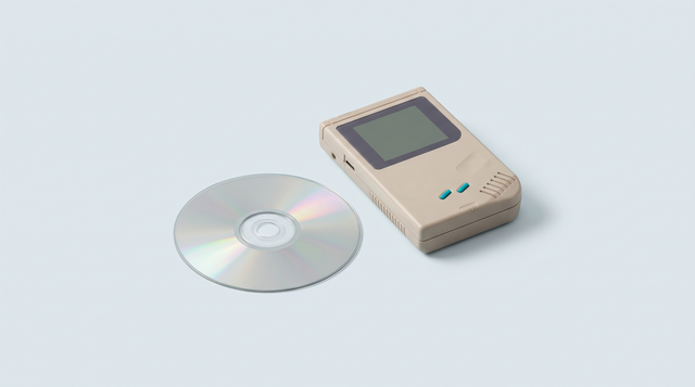 Disque optique argenté sans étiquette posé à plat près d'une console portable rétro