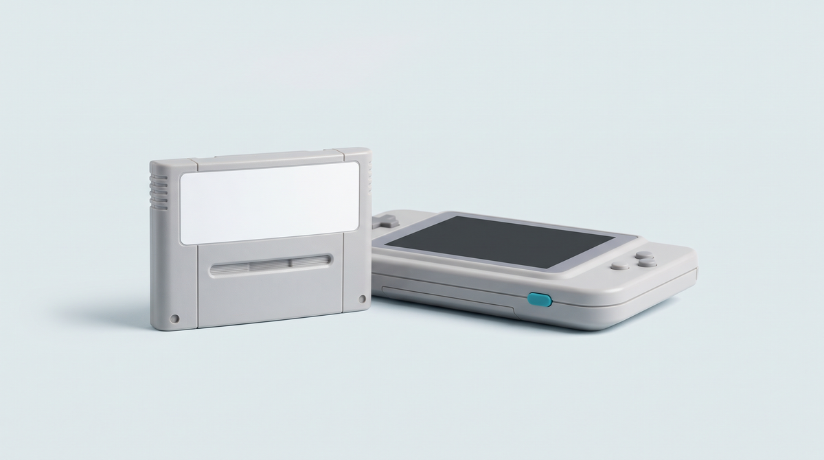 Grosse cartouche de jeu gris clair à étiquette vierge devant une console portable rétro horizontale