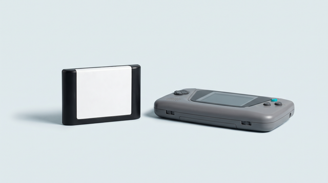 Cartouche de jeu 16 bits à étiquette vierge dressée devant une console portable rétro