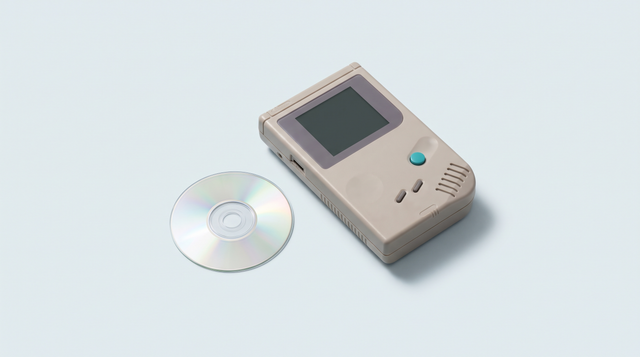 Mini-disque optique posé à plat à côté d'une grande console portable rétro
