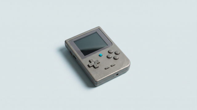 Console portable rétro d'entrée de gamme en plastique gris mat, seule sur fond clair
