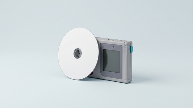 Disque optique blanc appuyé contre une console portable rétro compacte