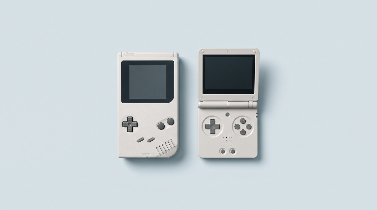 Console portable rétro verticale à écran carré à côté d'une console à clapet entrouverte