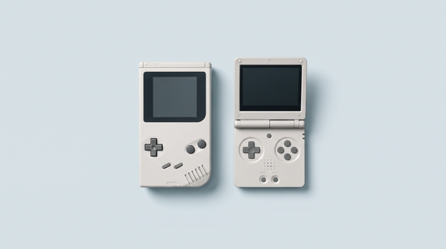 Console portable rétro verticale à écran carré à côté d'une console à clapet entrouverte
