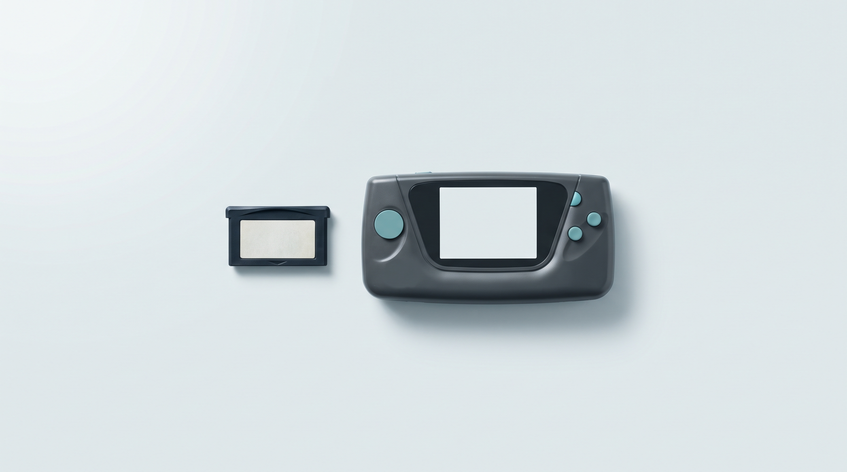 Petite cartouche de jeu plate posée près d'une console portable rétro horizontale