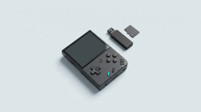 Console portable rétro accompagnée d'une carte microSD et d'une clé USB