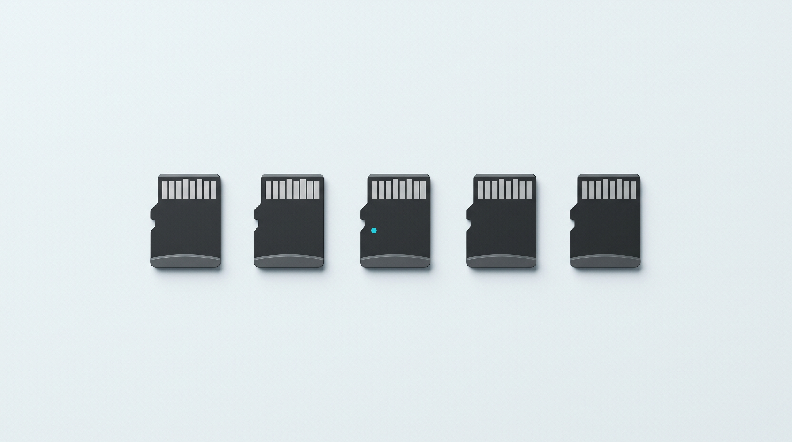 Cinq cartes microSD vierges alignées régulièrement