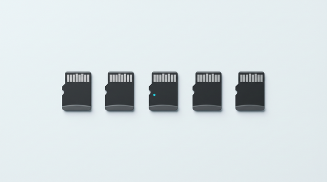 Cinq cartes microSD vierges alignées régulièrement