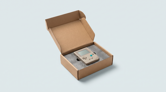 Console portable rétro seule dans sa boîte ouverte, entièrement vide par ailleurs