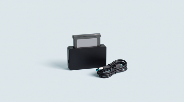 Lecteur de cartouches noir avec une cartouche insérée et un câble USB enroulé à côté