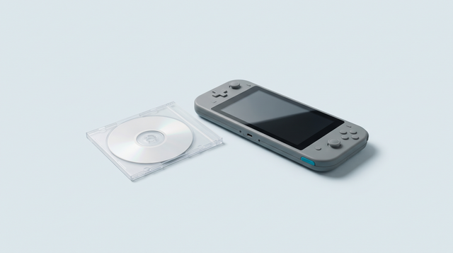 Petit disque optique dans son boîtier plastique, près d'une console portable rétro à grand écran