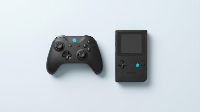 Manette de jeu sans fil noire posée près d'une console portable rétro