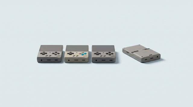Trois consoles portables rétro groupées, une quatrième retournée et mise à l'écart
