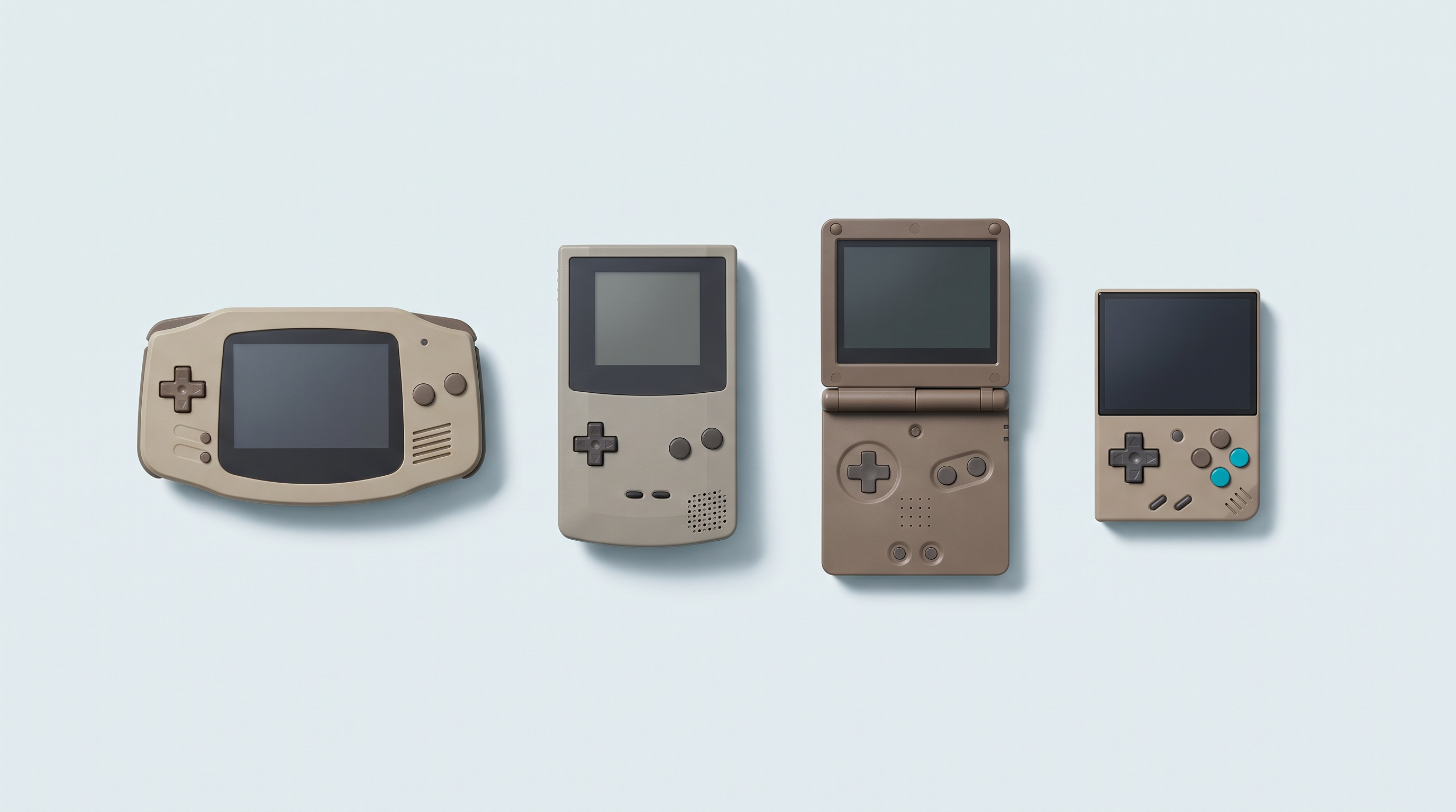 Quatre consoles portables rétro alignées, chacune d'un format différent