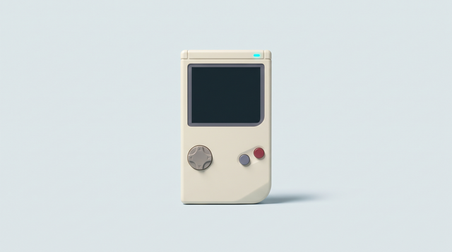 Console portable rétro dressée, croix directionnelle et boutons en pleine lumière au premier plan