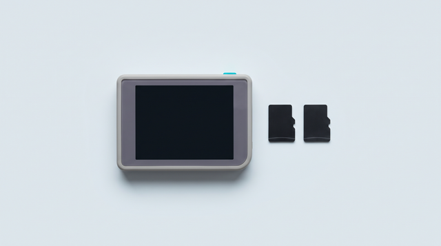 Deux cartes microSD côte à côte, légèrement décalées, près d'une console portable rétro