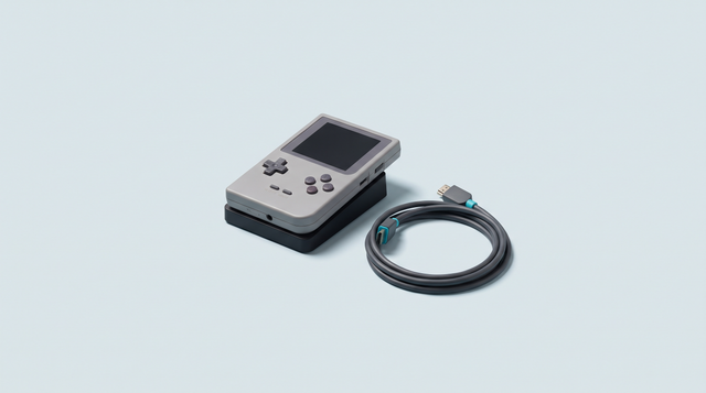 Console portable rétro posée sur une station d'accueil noire, câble HDMI enroulé à côté