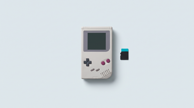 Console portable rétro posée à plat, carte microSD laissée intacte à distance