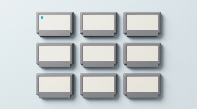 Neuf cartouches de jeu à étiquette vierge rangées en grille de trois sur trois, vues du dessus