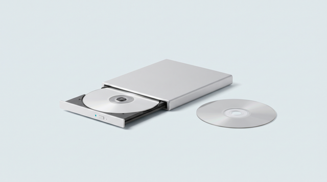 Lecteur optique externe tiroir ouvert avec un disque vierge, second disque posé à côté