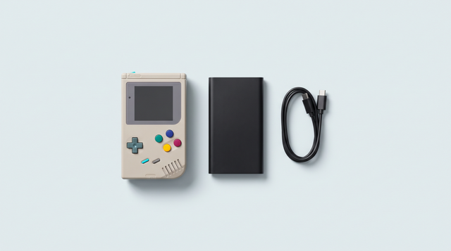 Console portable rétro à côté d'une batterie externe fine et d'un câble USB-C