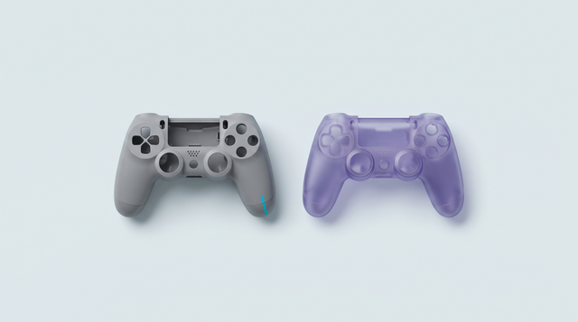 Deux coques de console vides de même forme, une grise et une violette translucide
