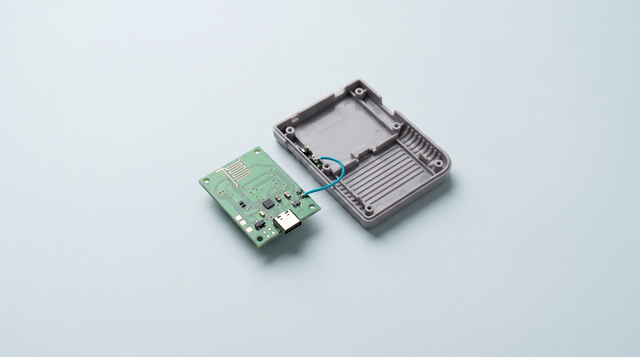 Petit module de circuit imprimé à port USB-C, près d'une coque de console ouverte