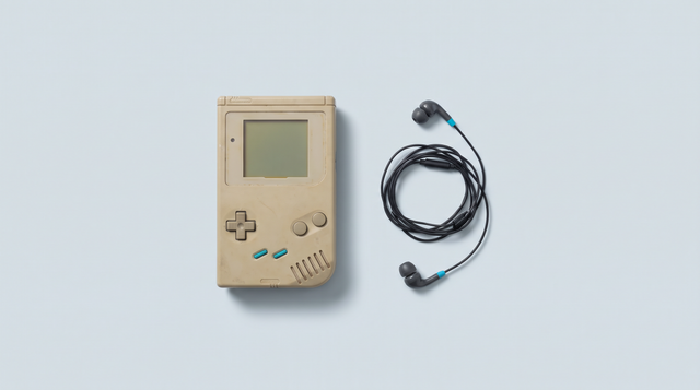 Console portable rétro posée à plat avec des écouteurs filaires enroulés à côté