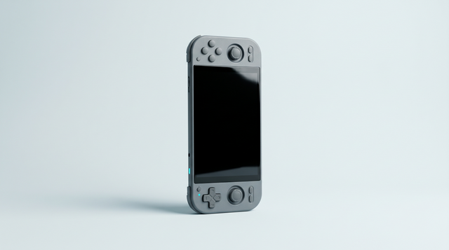 Console portable rétro Android à grand écran brillant, dressée seule, vue en légère contre-plongée