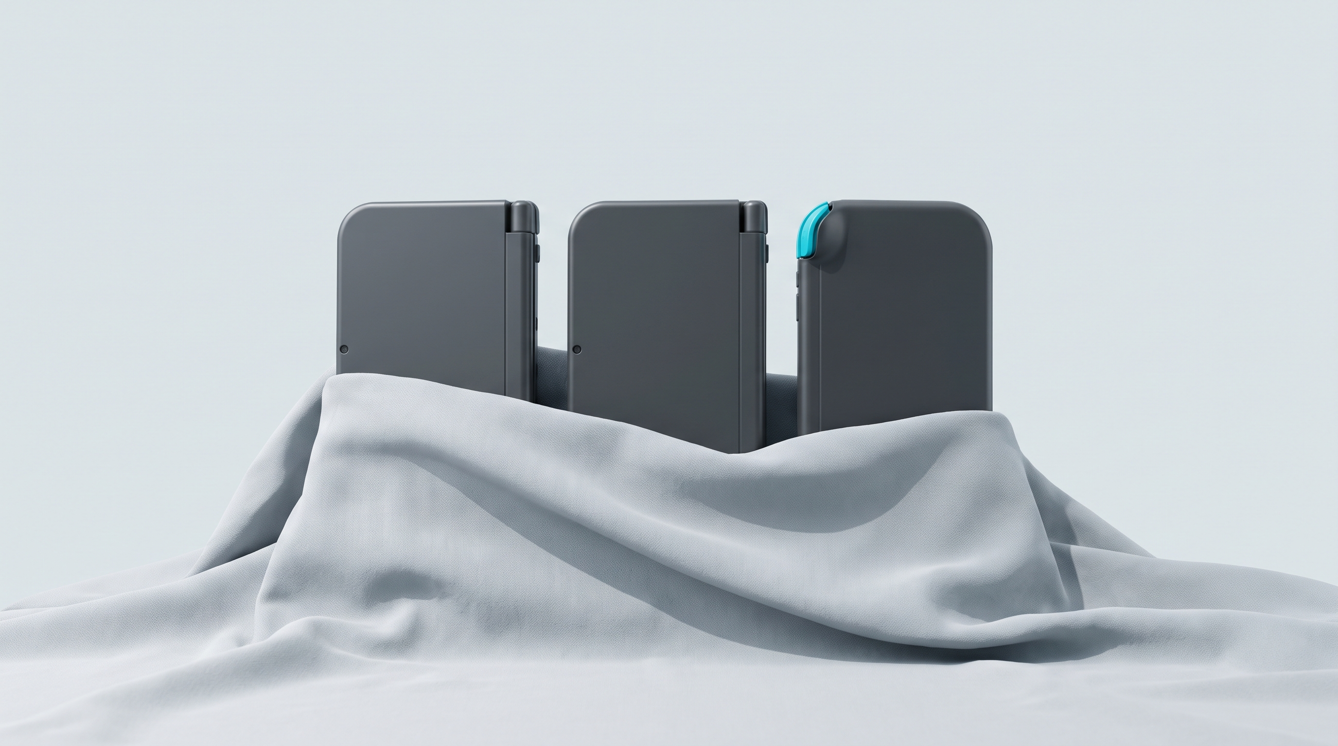 Trois consoles portables dressées en rang, à demi recouvertes d'un tissu gris clair