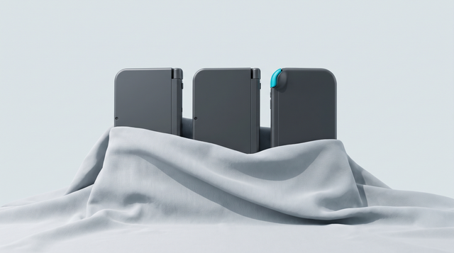 Trois consoles portables dressées en rang, à demi recouvertes d'un tissu gris clair