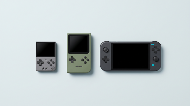 Trois consoles portables alignées de la plus petite à la plus grande, écrans éteints