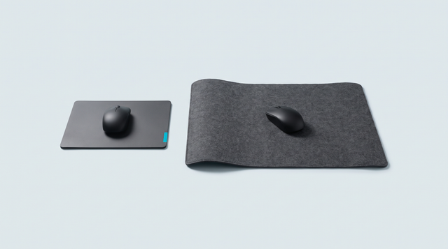 Deux tapis côte à côte, un petit rigide et un grand en tissu, chacun avec une souris