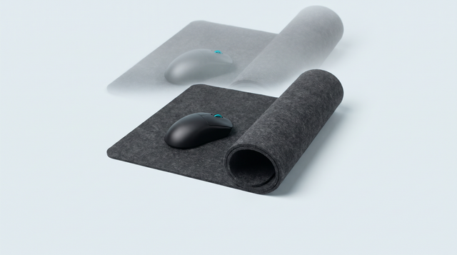 Grand tapis de souris en tissu noir à moitié déroulé, avec une souris gamer posée dessus