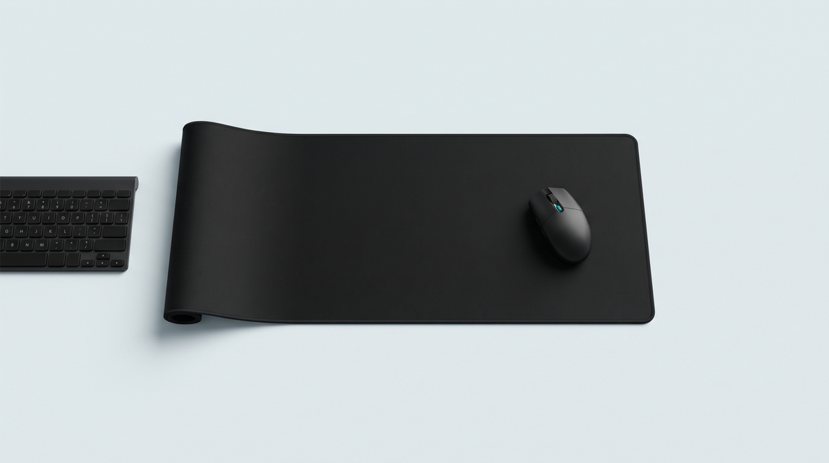Très large tapis de bureau en tissu noir déroulé, avec une souris et le bord d'un clavier