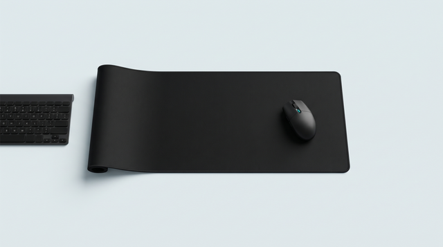 Très large tapis de bureau en tissu noir déroulé, avec une souris et le bord d'un clavier