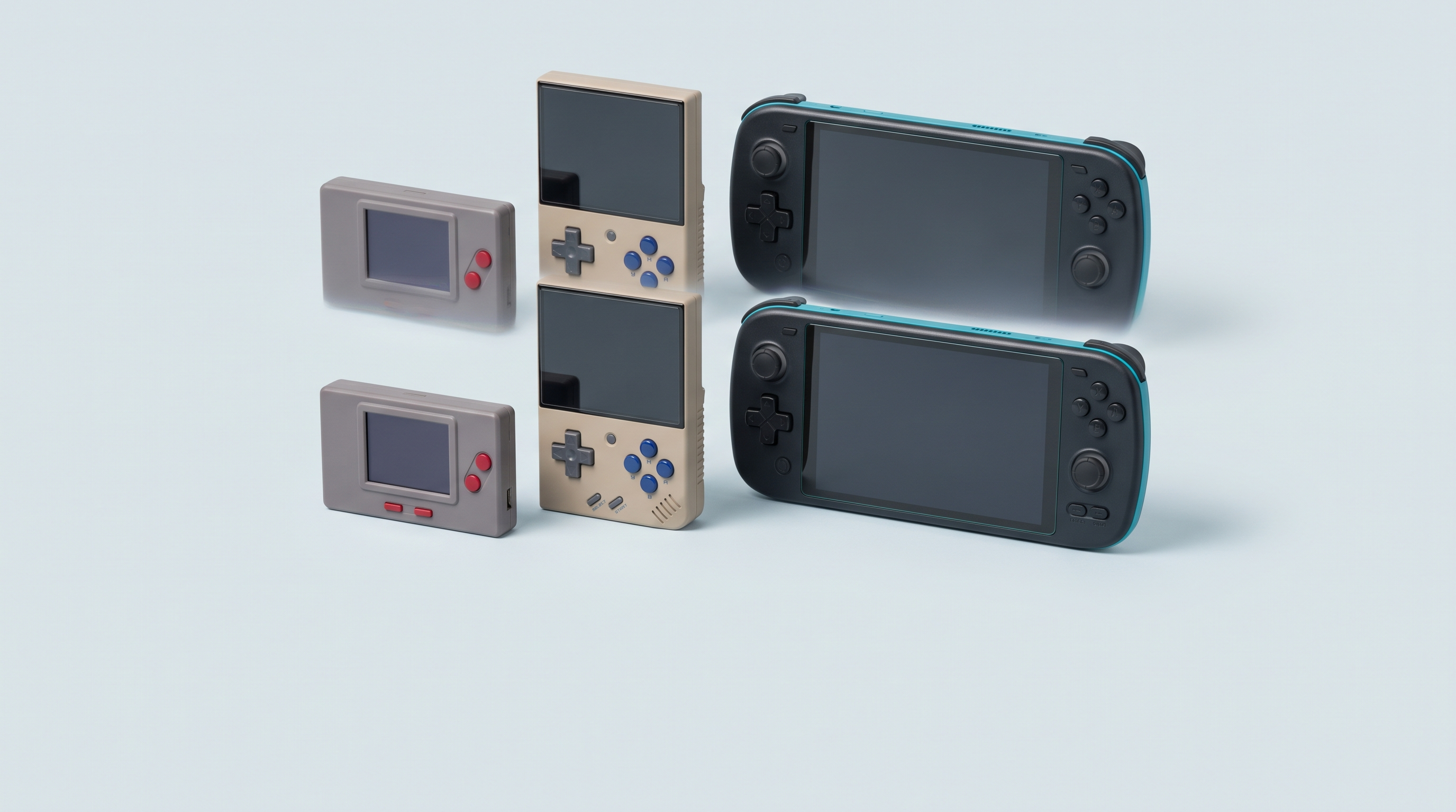 Trois consoles portables rétro disposées en escalier, de la plus simple à la plus haut de gamme