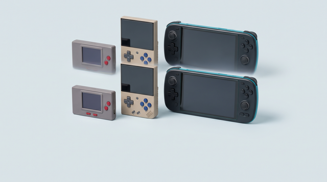 Trois consoles portables rétro disposées en escalier, de la plus simple à la plus haut de gamme