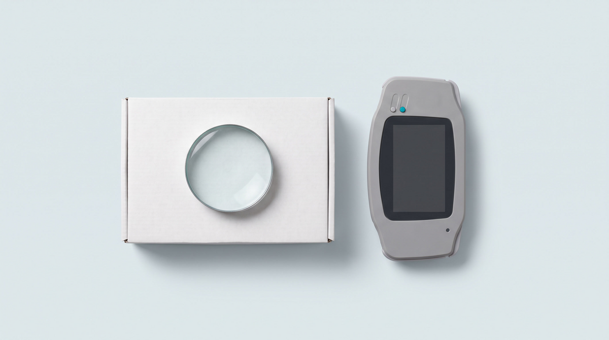 Une loupe posée sur le dos d'une boîte, à côté d'une console de poche générique