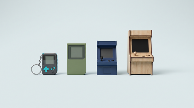 Quatre mini consoles de jeu génériques, du porte-clés à la mini borne en bois