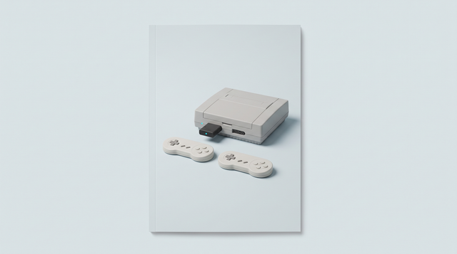 Console de salon rétro générique avec un récepteur sans fil branché et deux manettes sans fil