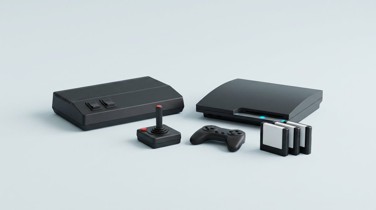 Deux consoles de salon rétro génériques, un joystick, une manette et des cartouches
