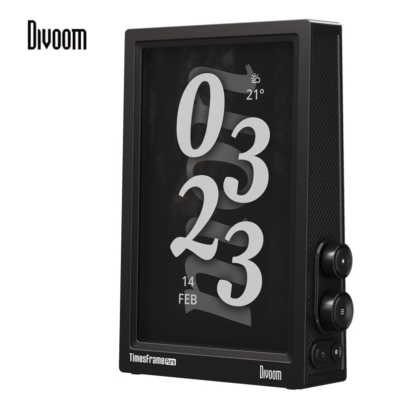 Divoom Times Frame Pure vu de trois quarts avec sa molette