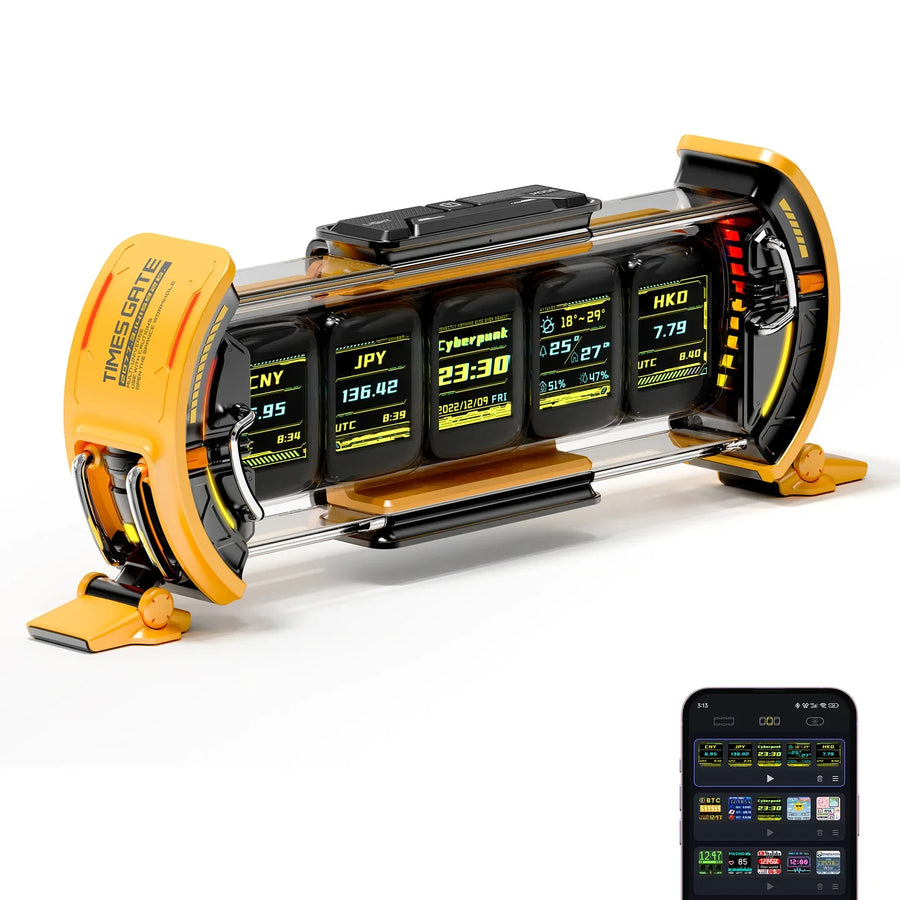 Divoom Times Gate coloris jaune avec l'application sur smartphone