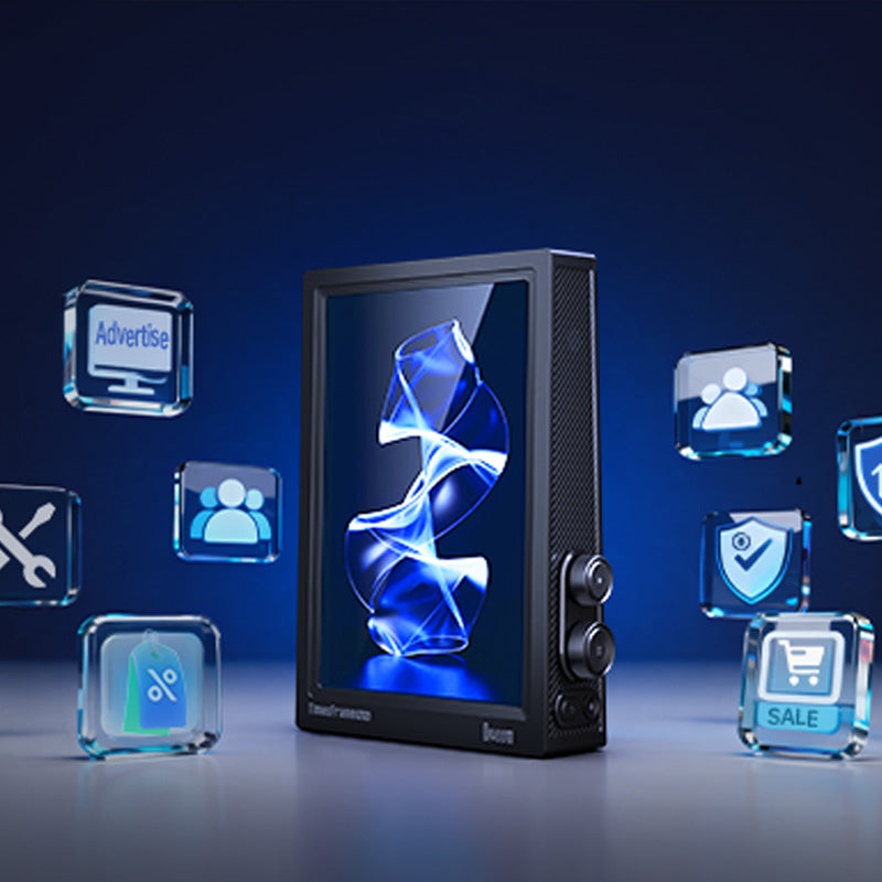 Divoom Times Frame Pure affichant des widgets sur fond bleu